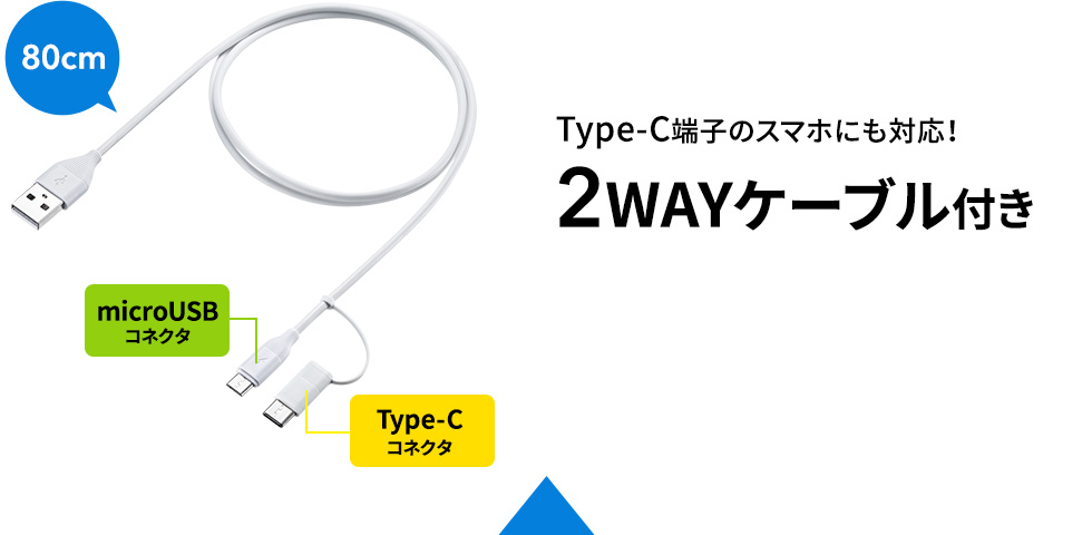 Type-C端子のスマホにも対応　2WAYケーブル付き