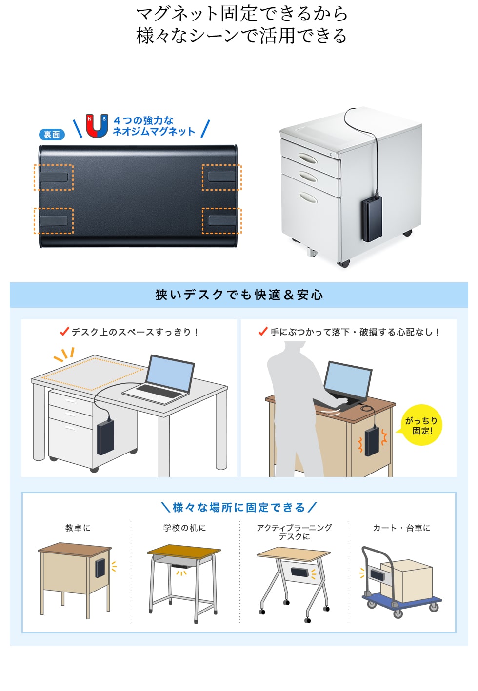 マグネット固定できるから様々なシーンで活用できる