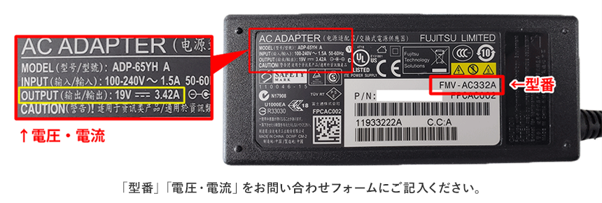 ACアダプターの型番、電流・電圧