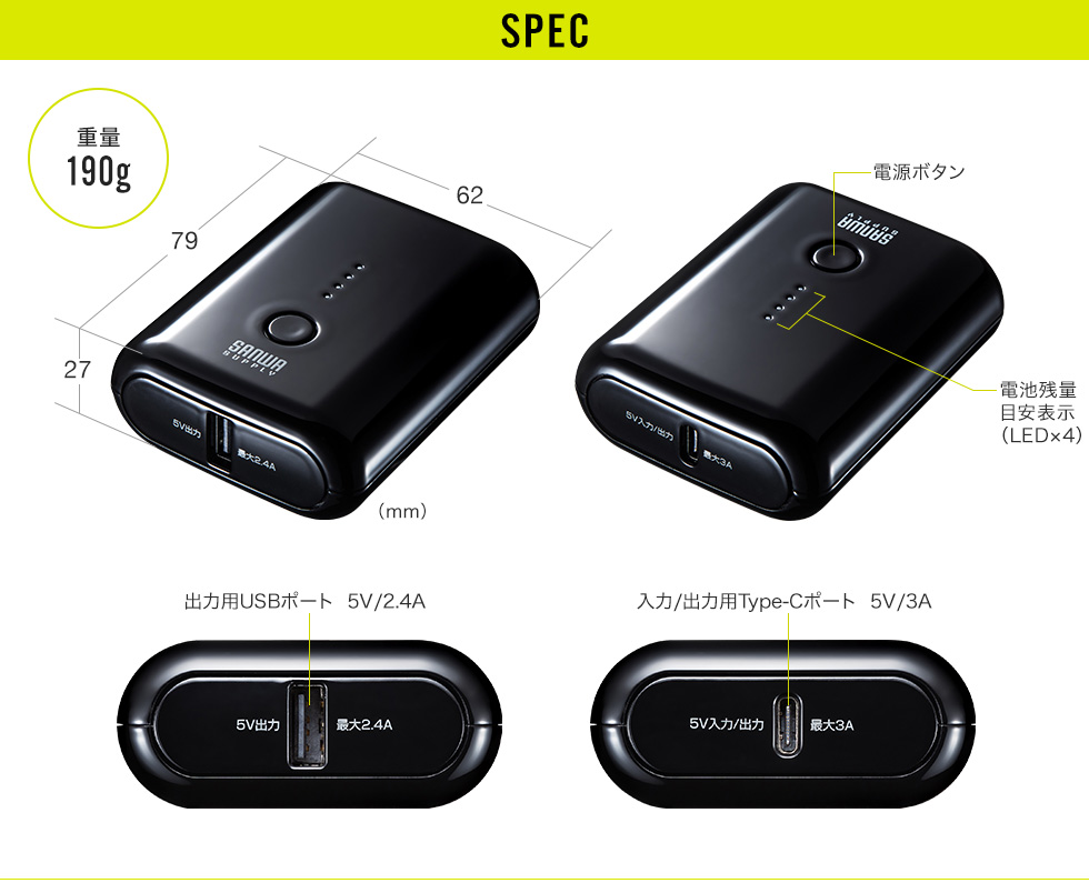 SPEC　重量190g　横幅62×奥行27×高さ79mm　電池残量目安表示（LED×４）　出力用USBポート 5V/2.4A　入力/出力用Type-Cポート 5V/3A