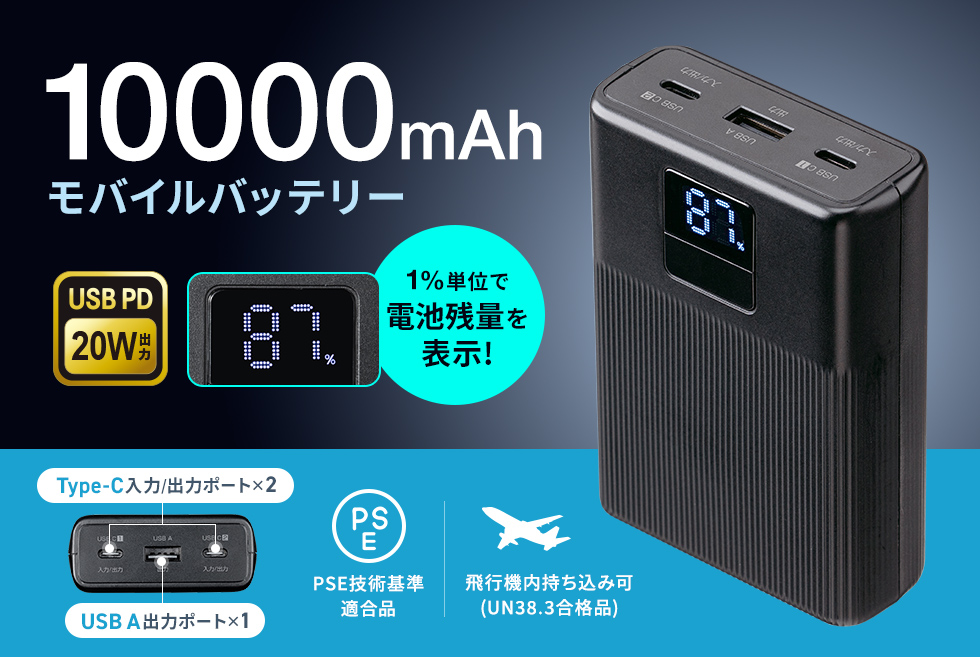 USB Power Delivery(USB PD)規格の最大20W出力に対応した、容量10000mAhのモバイルバッテリー。デジタル残量表示機能付き。