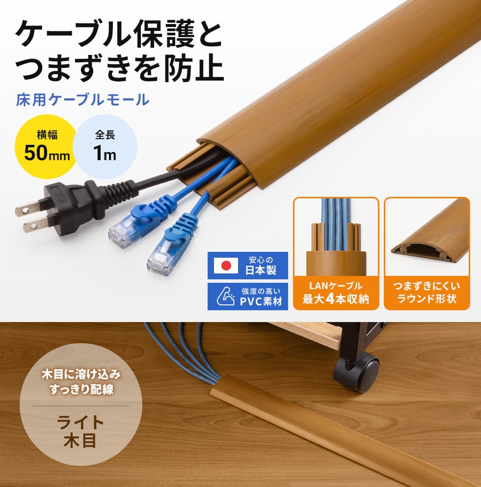 ケーブルを保護し、足をかける危険を予防。ハードタイプのケーブルカバー。
