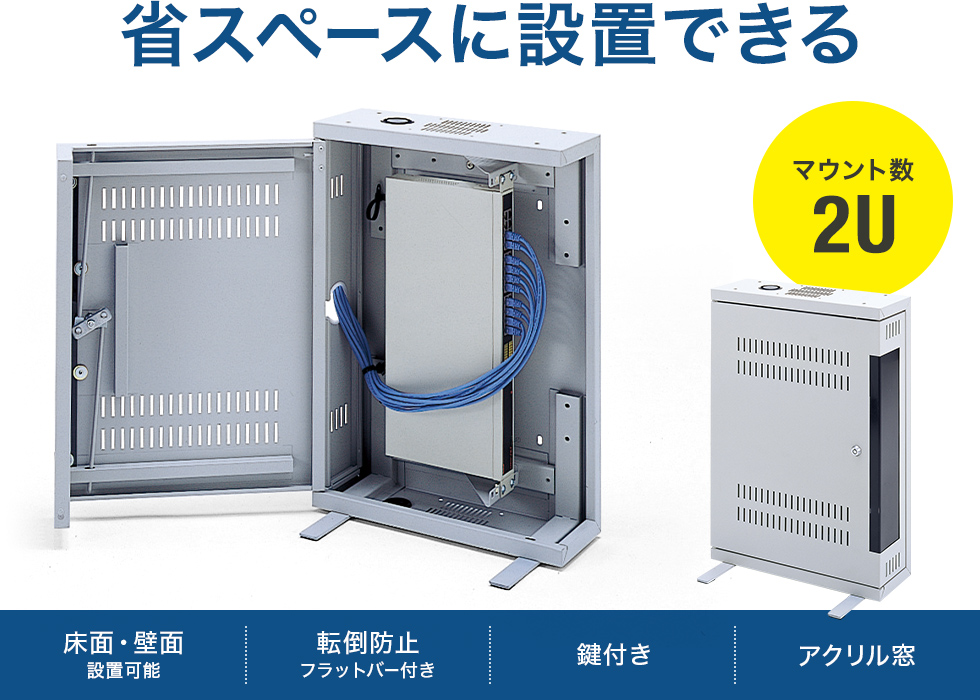 壁面設置も可能、小規模LAN用機器収納用19インチマウントボックス。2U。