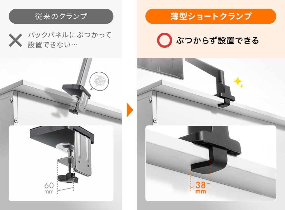薄型ショートクランプならデスクのバックパネルにぶつからずに設置できます