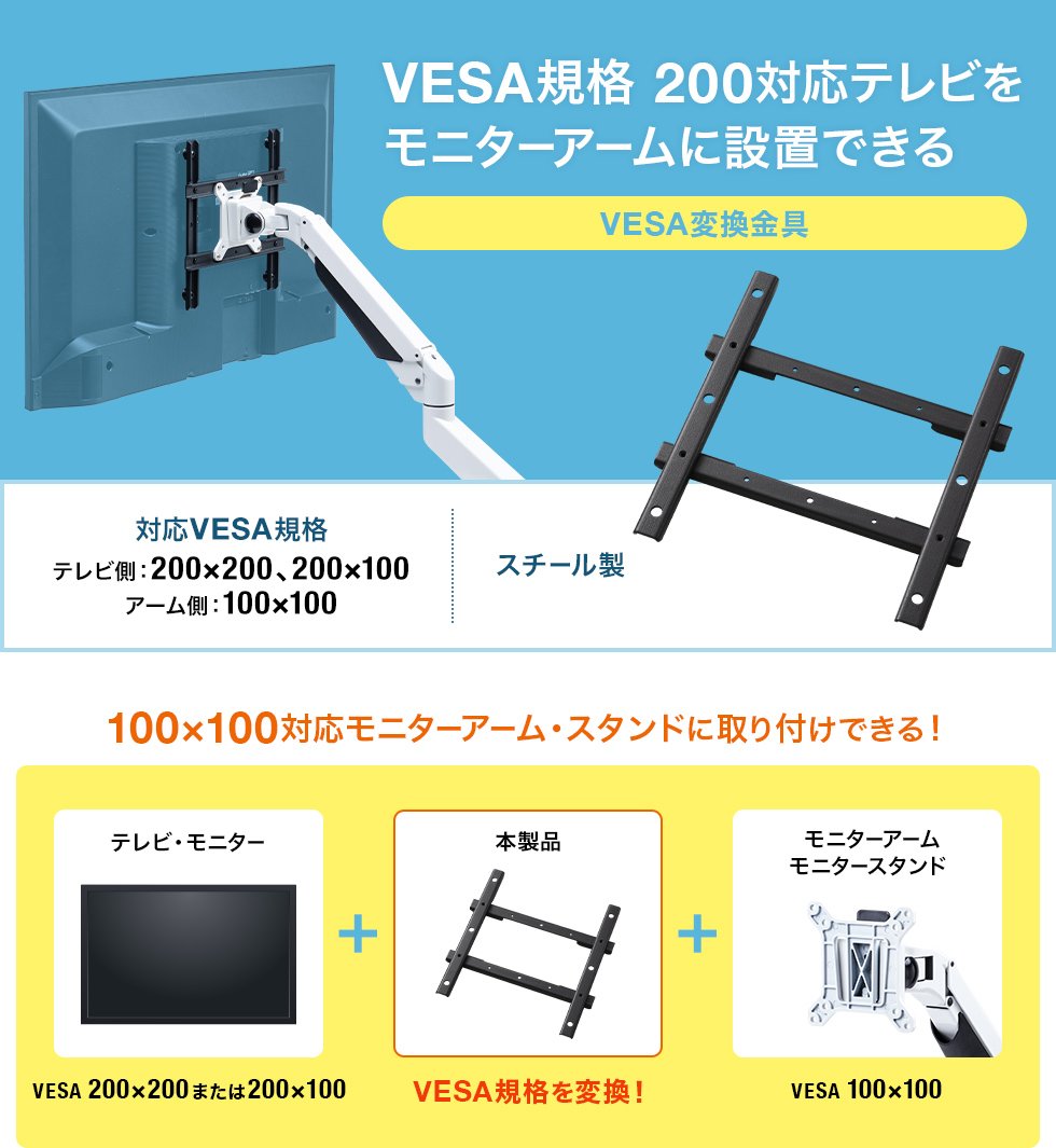 VESA規格200対応テレビをモニターアームに設置できる VESA変換金具