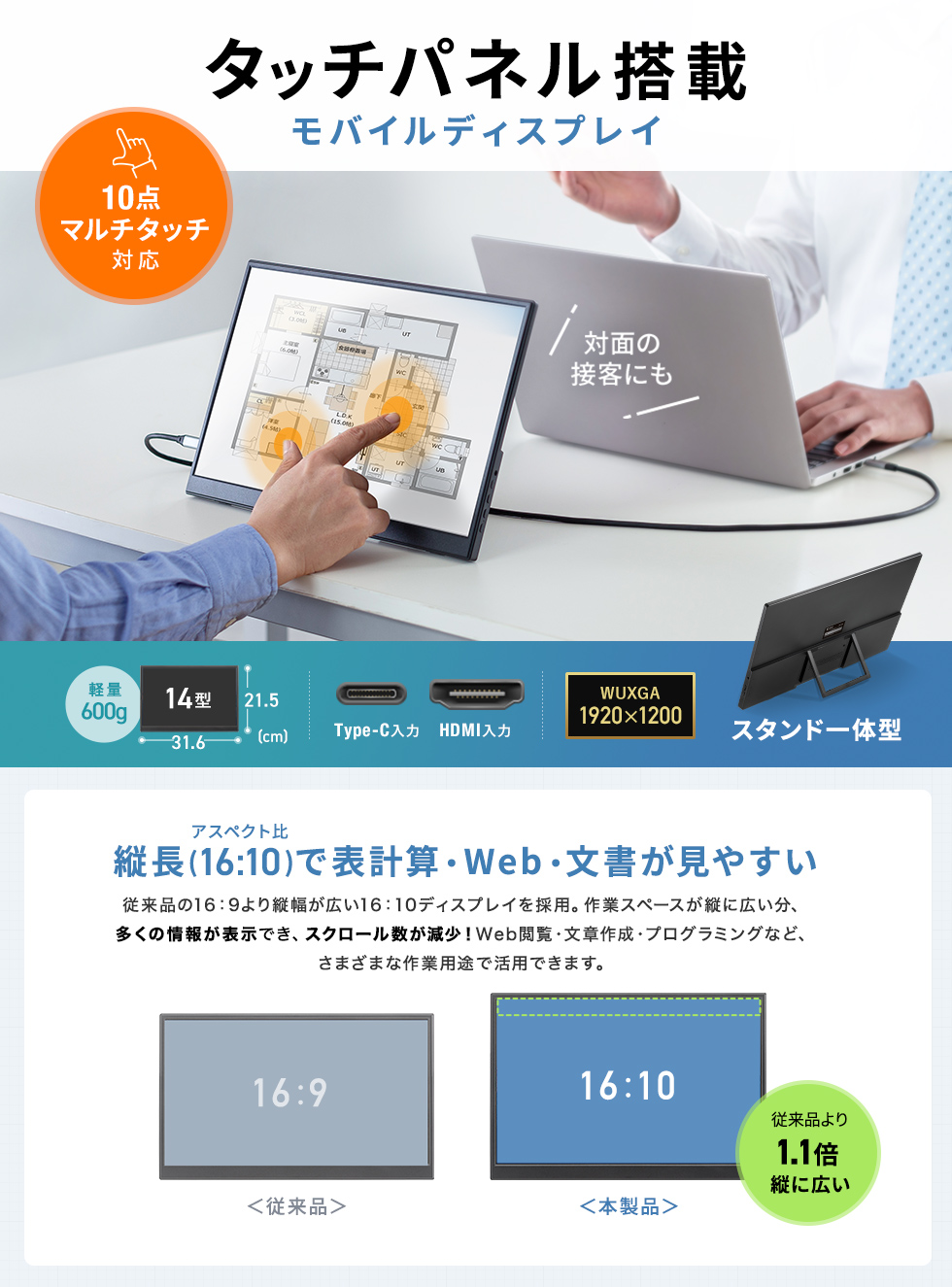 USB Type-Cケーブル1本で手軽にデュアルディスプレイ化できる、タッチ対応14インチモバイルモニター。