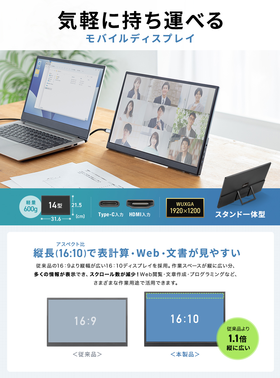 USB Type-Cケーブル1本で手軽にデュアルディスプレイ化できる、14インチモバイルモニター。