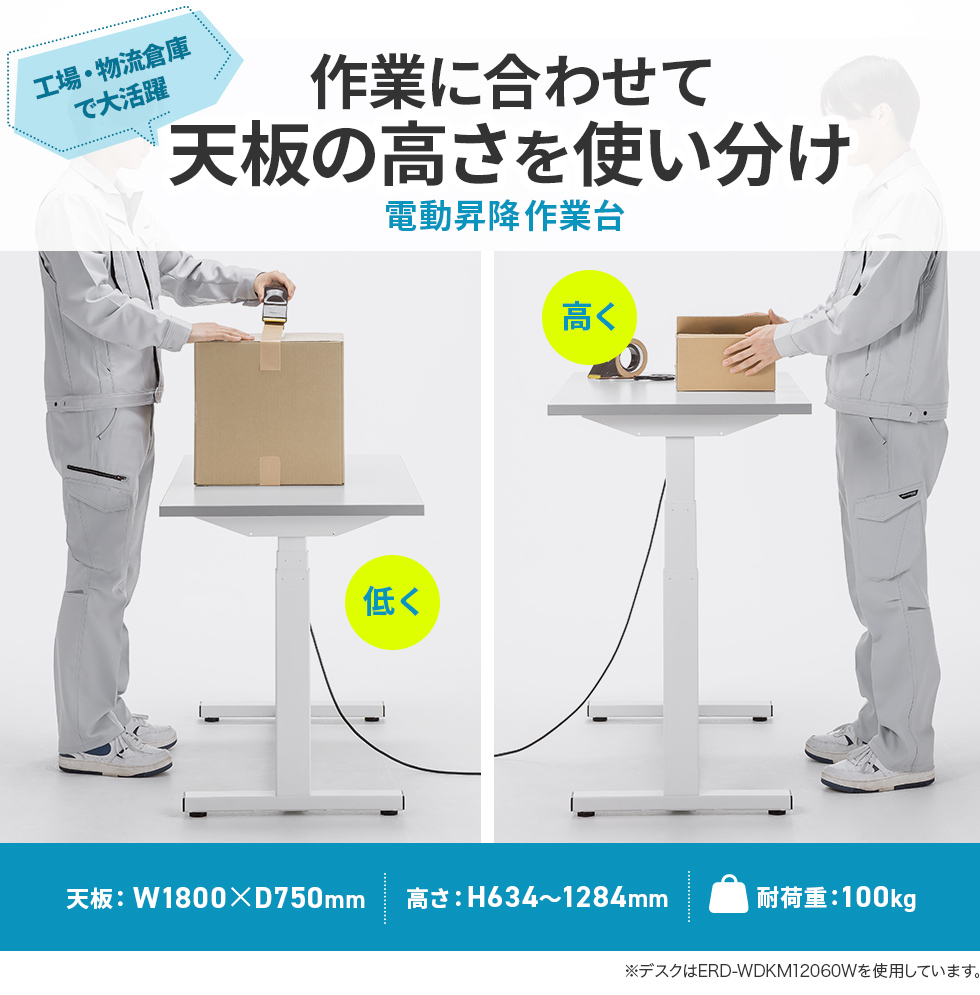 耐荷重100kg、工場、物流倉庫などでの作業台に最適な電動上下昇降作業台。天板メラミン化粧板・幅1800×奥行き750×高さ634～1284mm。