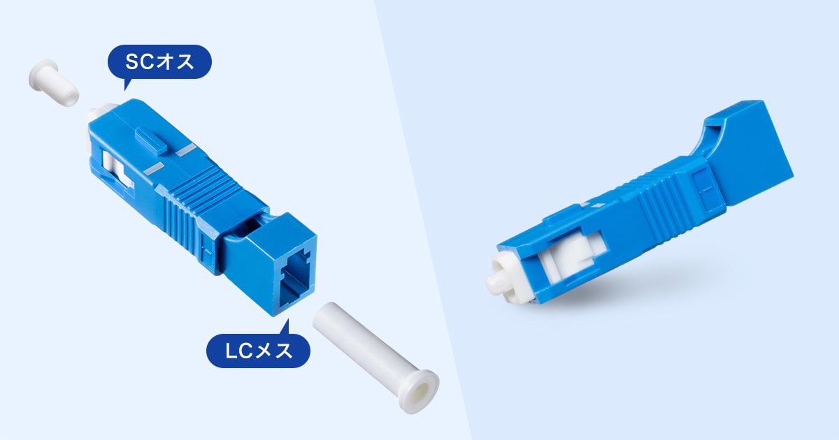 光ファイバケーブルのLCコネクタをSCコネクタに変換する光変換アダプタ。SCオス-LCメス・シングルモード。