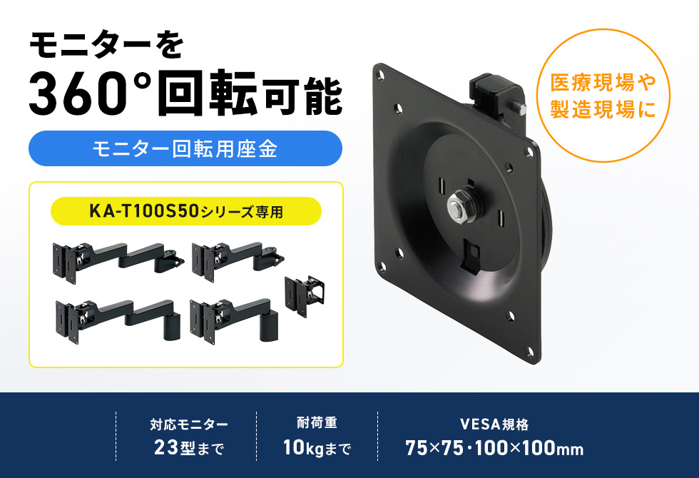 モニターを回転させ、任意の位置で止められる、KA-T100S50型モニターアーム・マウントのオプション品。ブラック。