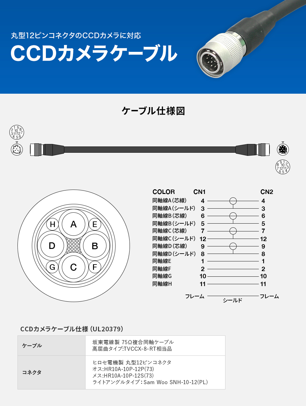 丸型12ピンコネクタのCCDカメラに対応 CCDカメラケーブル