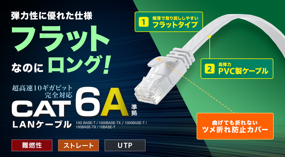 弾力性に優れた仕様。フラットなのにロングなLANケーブル