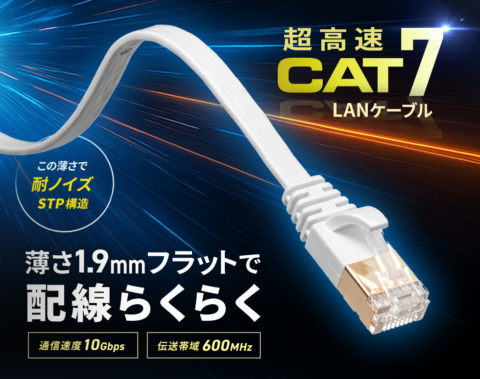 10GBASE完全対応。耐ノイズで1.9mmの薄さを実現したカテゴリ7対応のウルトラフラットLANケーブル。1m・ホワイト。