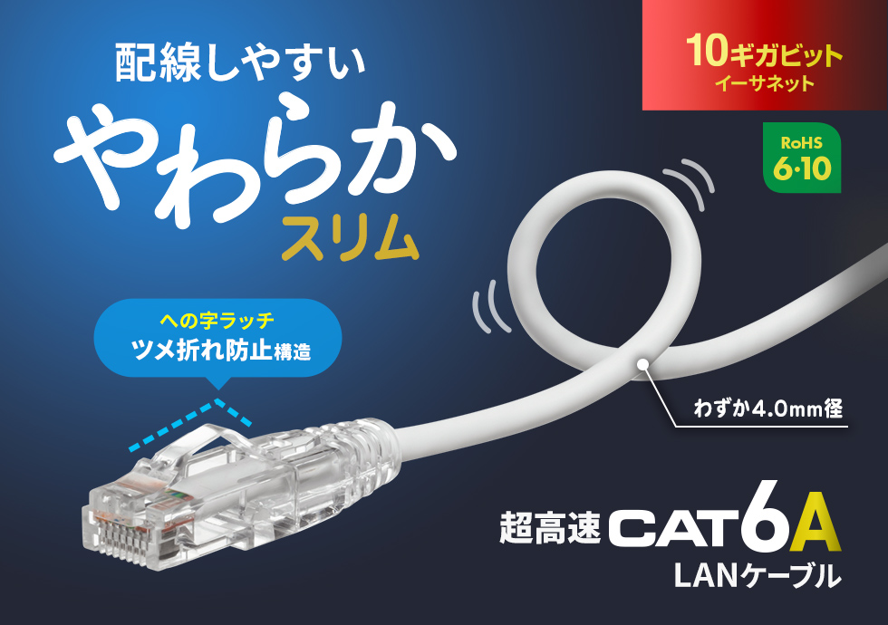 伝送速度10Gbps、伝送帯域500MHzに対応、やわらか素材と4.0mm径スリムケーブルとツメ折れ防止「への字ラッチ」コネクタ採用のカテゴリ6A LANケーブル。1m・ホワイト。