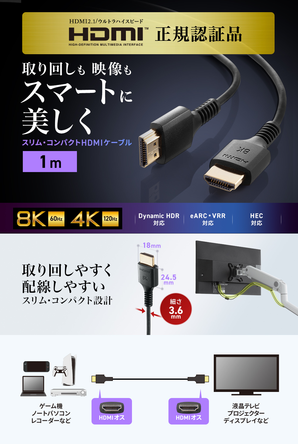 細くて取り回しのしやすいスリムHDMIケーブル（UltraHighSpeed認証品）1m。