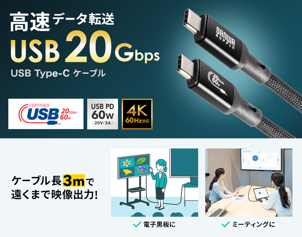 USB Type-C USB20Gbps(USB4 Gen2x2)対応ケーブル　3ｍ　ブラック　PD60W対応　USB認証取得品