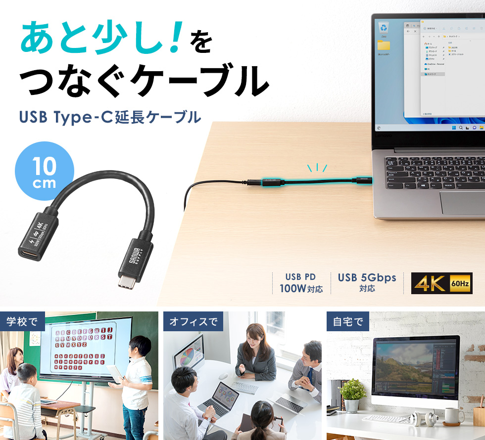 USB5Gbps Type-C延長ケーブル。DisplayPort Alternate Mode（4K60Hz）・PD100W対応・0.1m。
