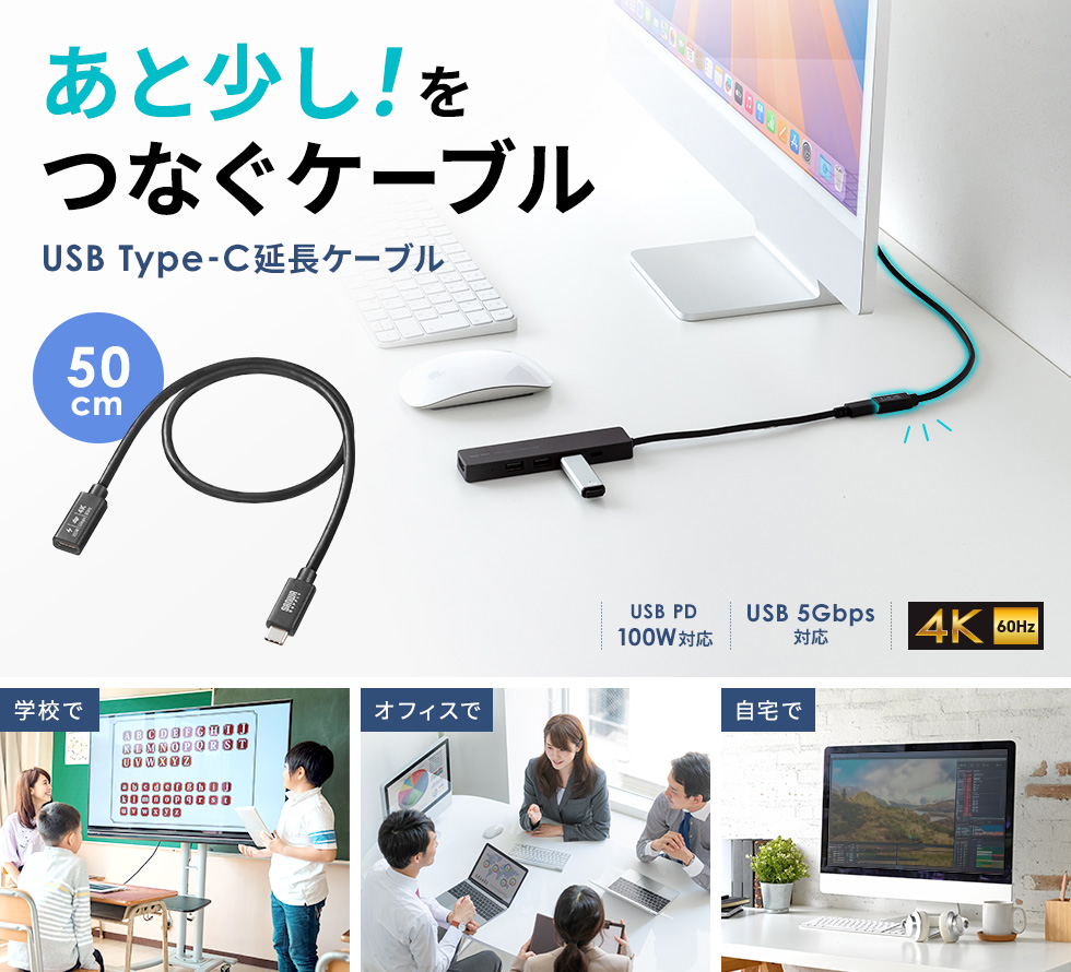USB5Gbps Type-C延長ケーブル。DisplayPort Alternate Mode（4K60Hz）・PD100W対応・0.5m。