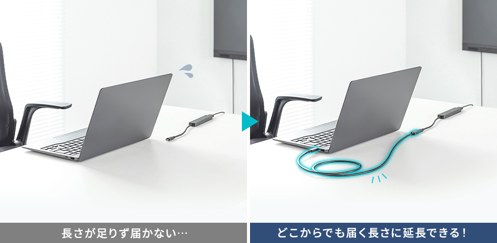 Type-C ケーブルを延長して、離れた場所でも接続できる
