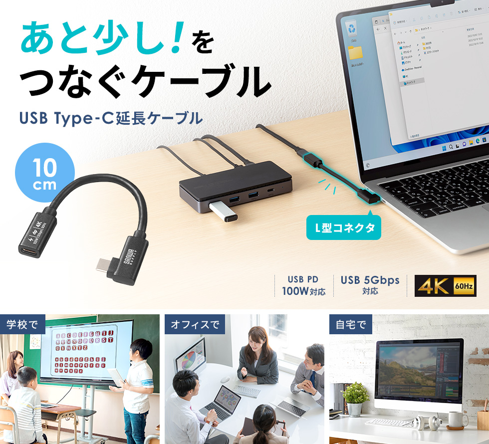 USB5Gbps Type-C延長ケーブル。DisplayPort Alternate Mode（4K60Hz）・PD100W対応・0.1m・L型コネクタ。