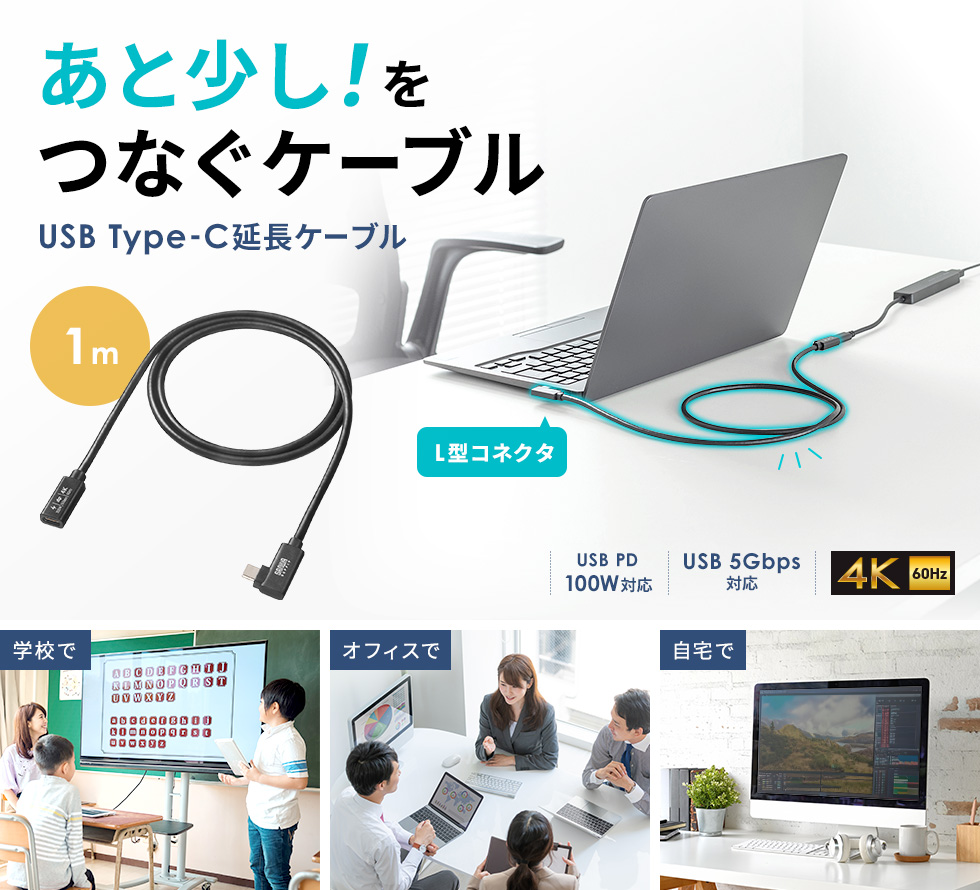 USB5Gbps Type-C延長ケーブル。DisplayPort Alternate Mode（4K60Hz）・PD100W対応・1m・L型コネクタ。