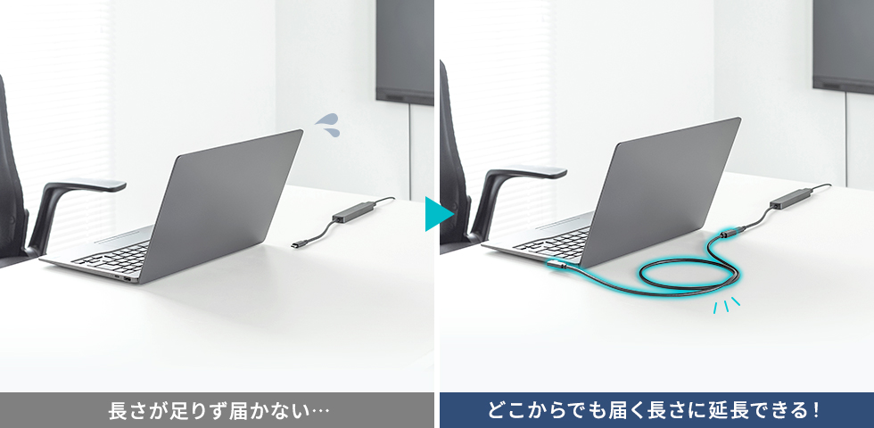 Type-C ケーブルを延長して、離れた場所でも接続できる