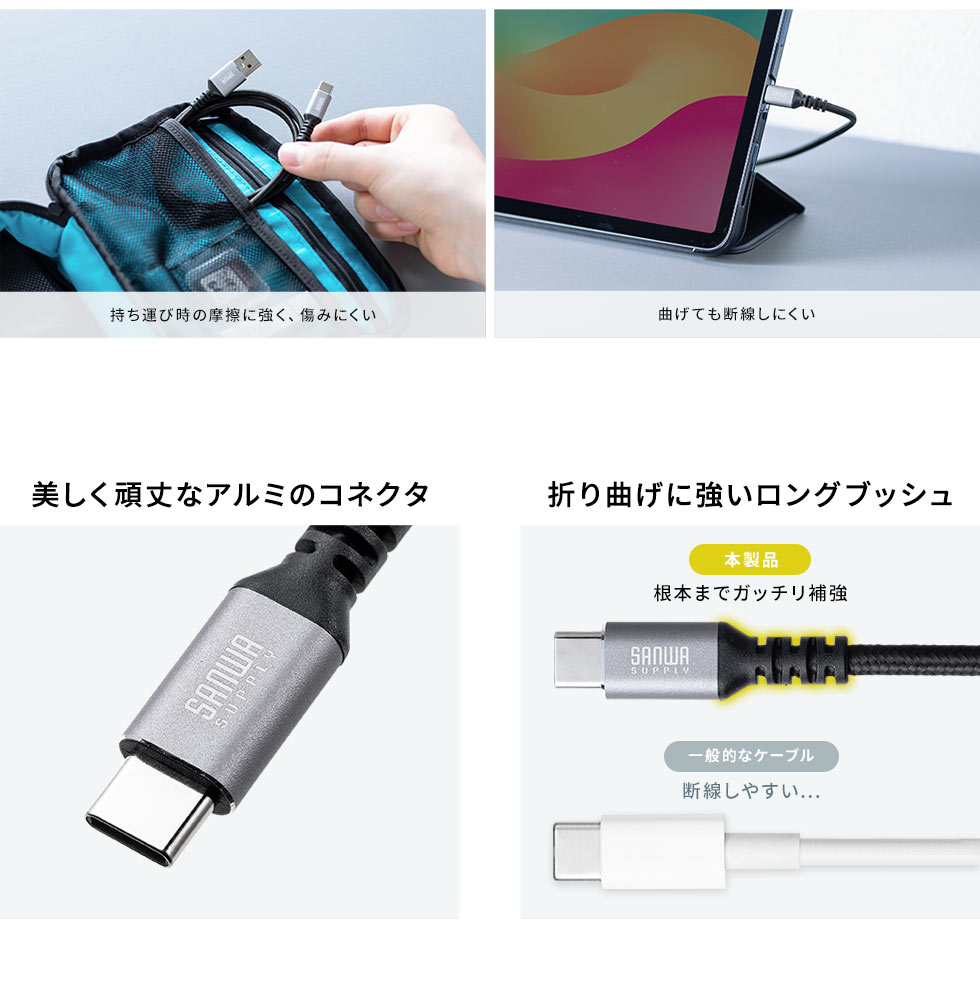 持ち運び時の摩擦に強く、傷みにくい 曲げても断線しにくい 美しく頑丈なアルミのコネクタ 折り曲げに強いロングプッシュ
