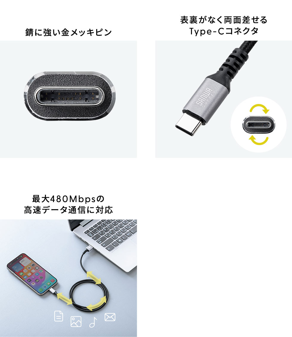 錆に強い金メッキピン 表裏がなく両面差せるType-Cコネクタ 最大480Mbpsの高速データ通信に対応