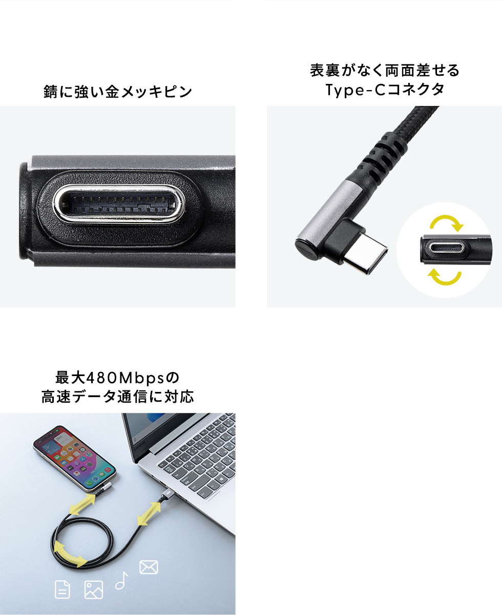 錆に強い金メッキピン 表裏がなく両面差せるType-Cコネクタ 最大480Mbpsの高速データ通信に対応