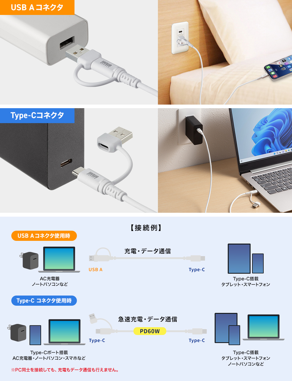 １本で２通り使える２in１ケーブル