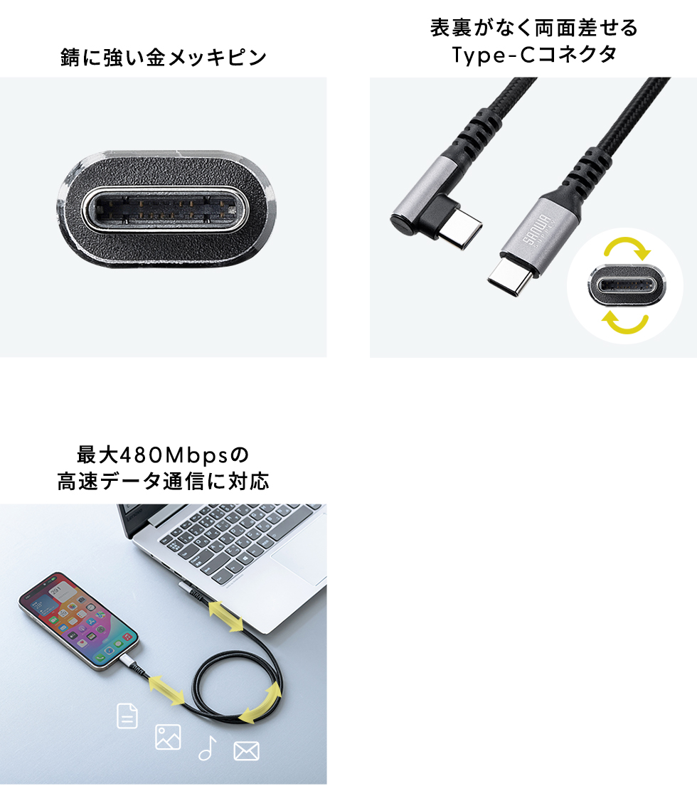 錆に強い金メッキピン 表裏がなく両面差せるType-Cコネクタ 最大480Mbpsの高速データ通信に対応
