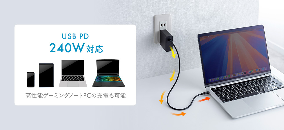 USB PD240Wの急速充電、様々なType-Cデバイスに対応