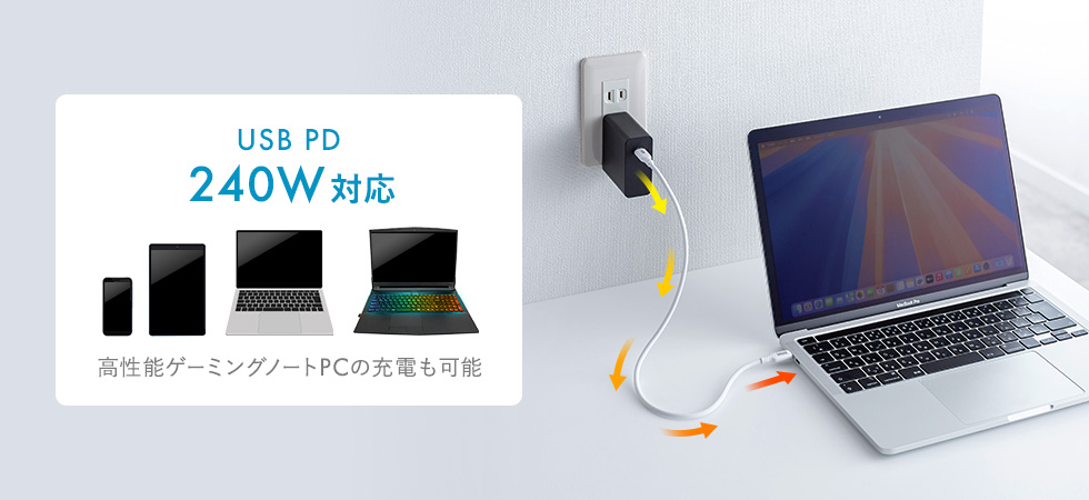 USB PD240Wの急速充電、様々なType-Cデバイスに対応