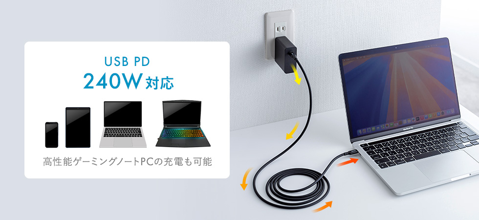 USB PD240Wの急速充電、様々なType-Cデバイスに対応