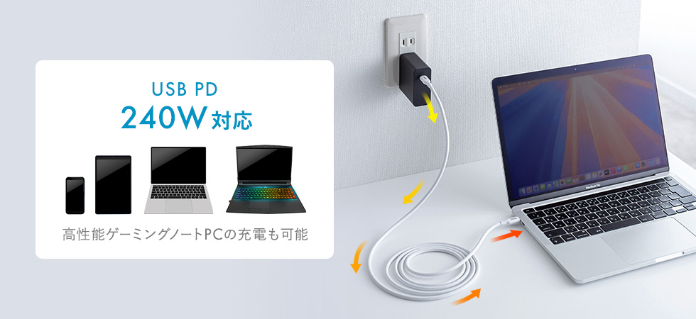 USB PD240Wの急速充電、様々なType-Cデバイスに対応