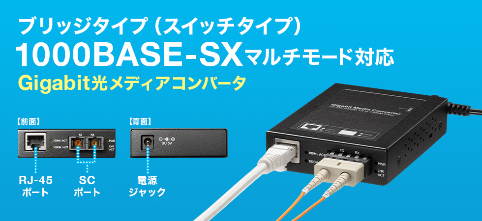 1Giga/100M/10M対応、ブリッジタイプのマルチモード用光メディアコンバータ。