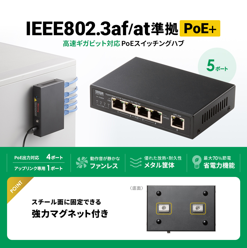 IEEE802.3at（PoE+）に対応し、底面マグネットによりスチール面への固定に対応したコンパクトなギガビット通信対応PoEスイッチングハブ。
