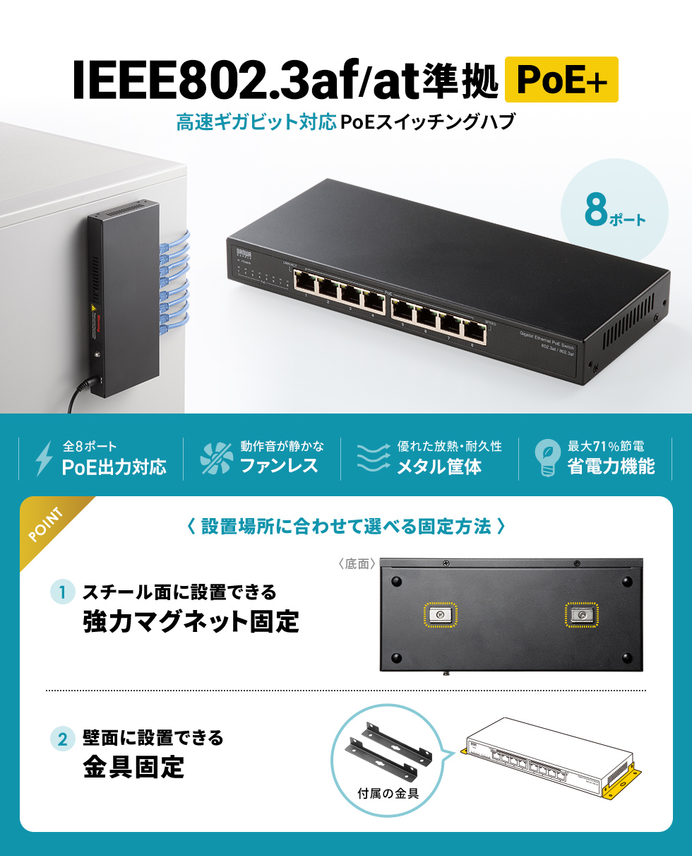 IEEE802.3at（PoE+）に対応し、底面マグネットによりスチール面への固定に対応したコンパクトなギガビット通信対応PoEスイッチングハブ。