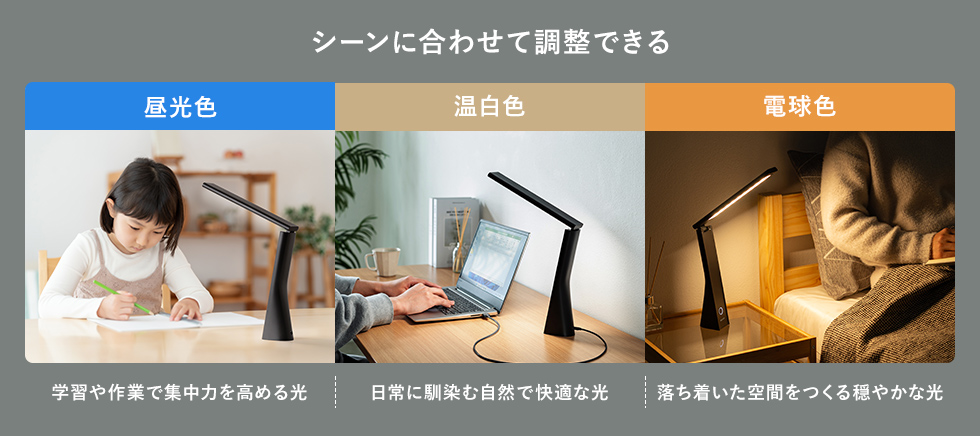 昼光色、温白色、電球色のシーン別利用イメージ画像