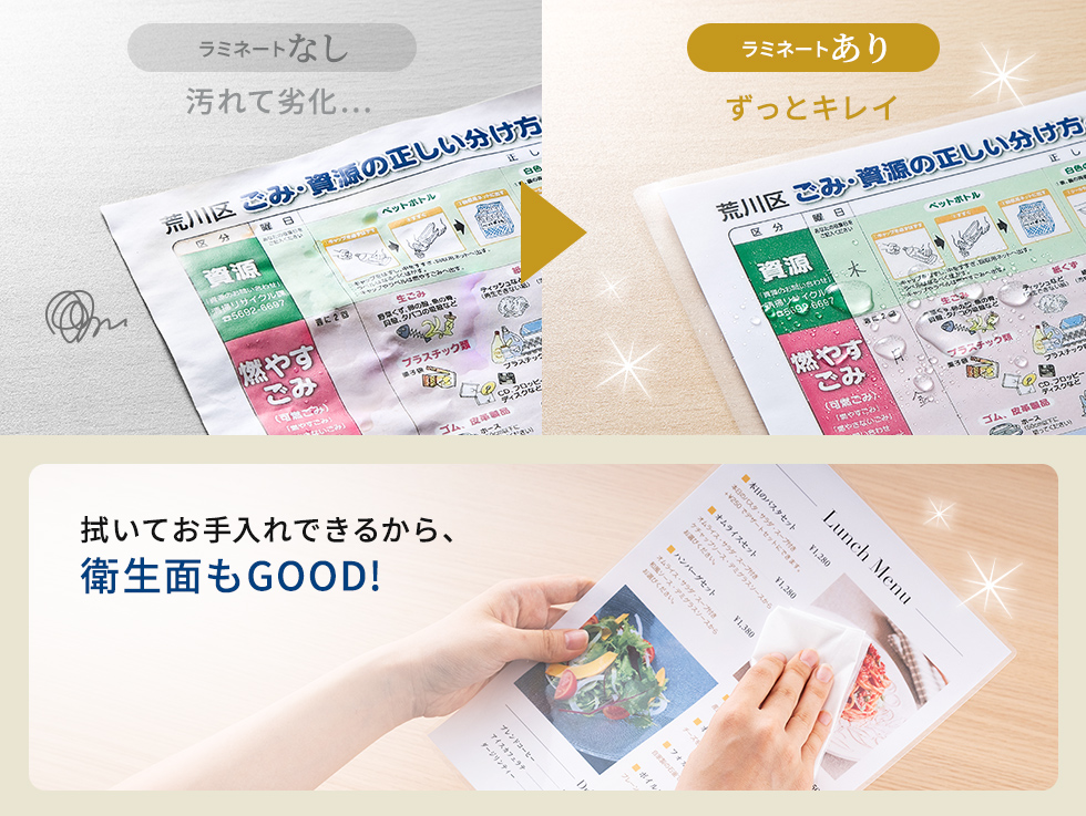 ラミネート加工で、長くキレイに使える