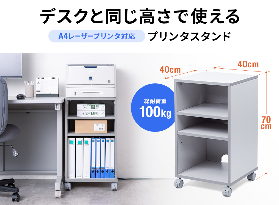 デスクサイドに設置しやすく、後方からもすっきり見えるバックパネル付き。W400×D400×H700mm。