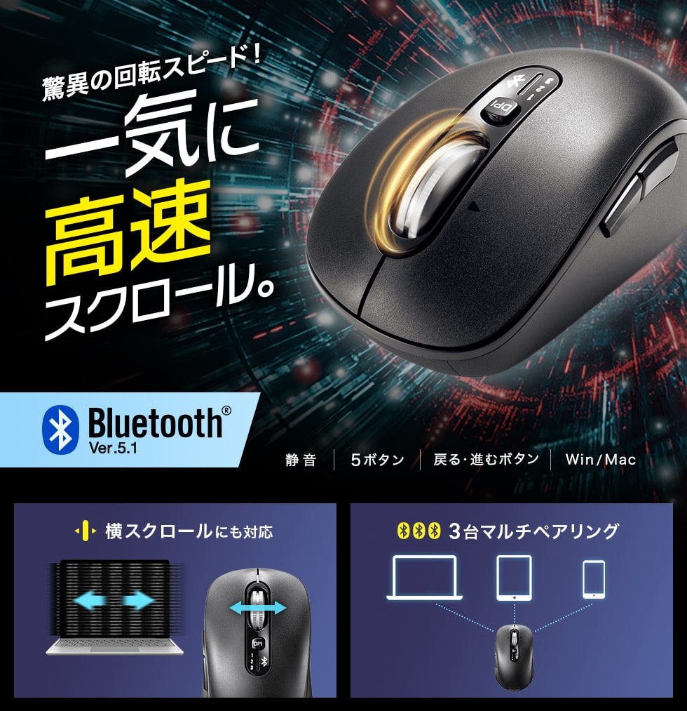 縦方向の高速スクロールと、左右にスクロールできるチルトホイールを搭載したBluetoothマウス。