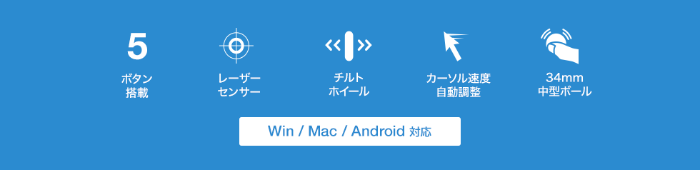 5ボタン搭載 レーザーセンサー チルトホイール カーソル速度 Win Mac Android対応