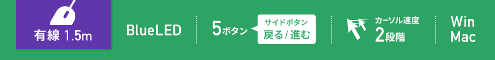 有線1.5m　BlueLED　5ボタン　カーソル速度2段階　Windows Mac