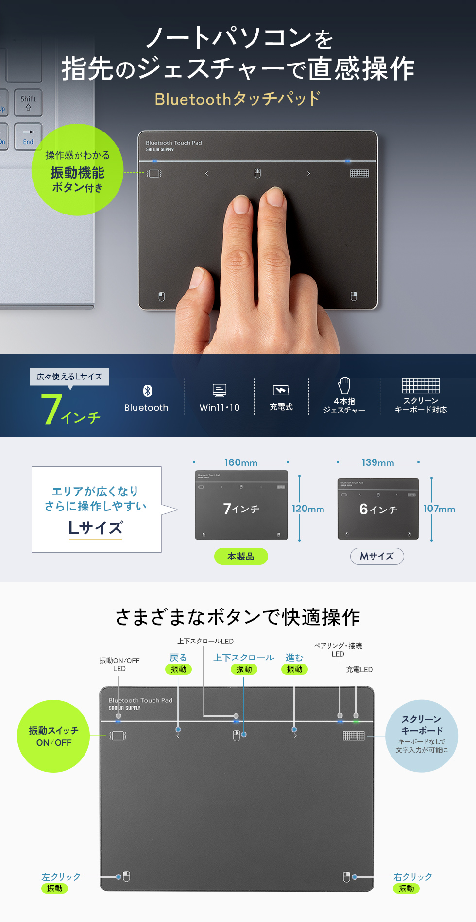 指でパソコンを操作できる、Bluetooth接続のタッチパッド。