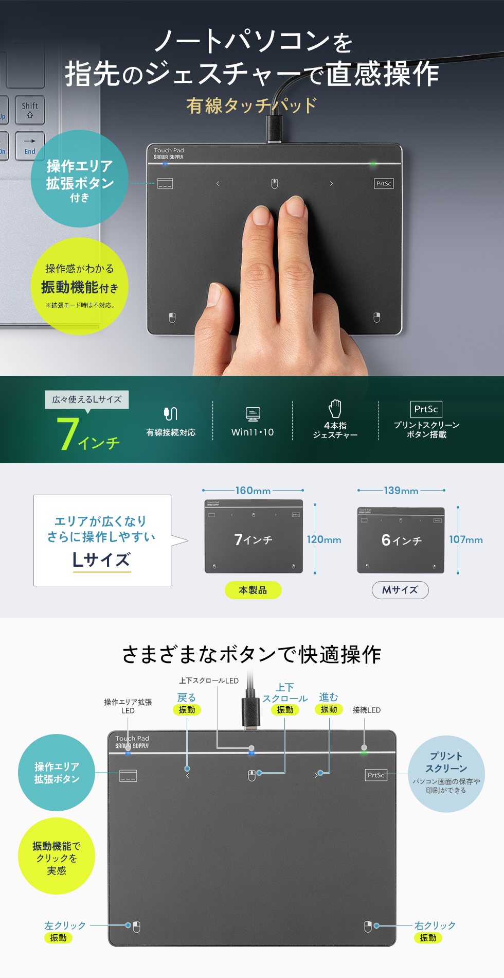 指でパソコンを操作できる、USB接続のタッチパッド。大型。