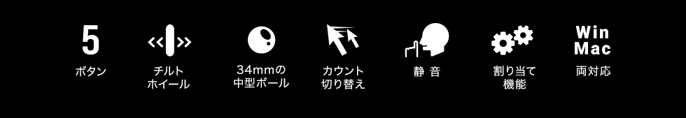 5ボタン　チルトホイール　34mmの中型ボール　カウント切り替え　静音　割り当て機能　WinMac両対応