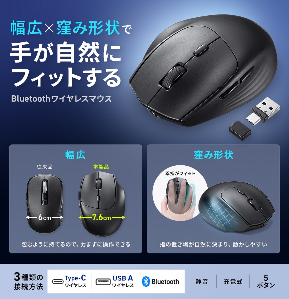 USB A・USB-C両対応レシーバーで幅広い機器に接続でき、Bluetoothと2.4GHzで最大3台を切り替えて快適に使えるワイヤレスマウス。