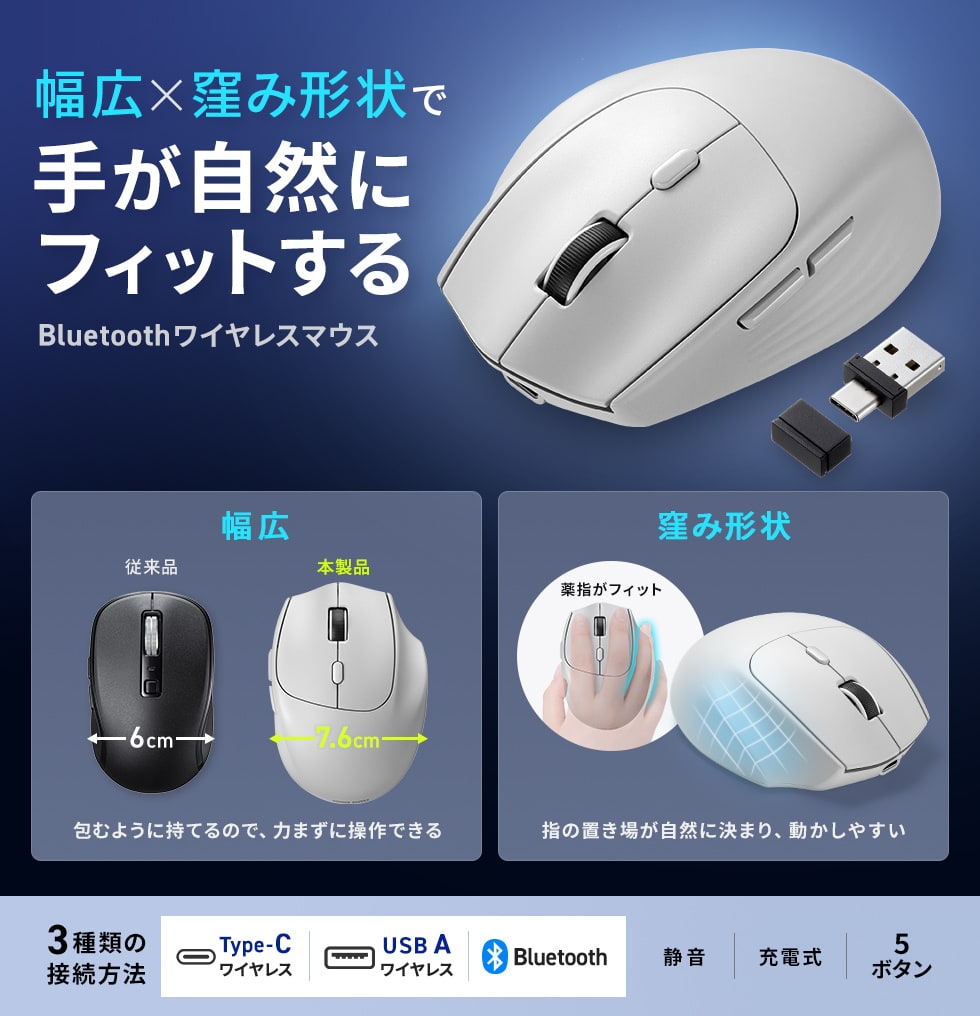 USB A・USB-C両対応レシーバーで幅広い機器に接続でき、Bluetoothと2.4GHzで最大3台を切り替えて快適に使えるワイヤレスマウス。