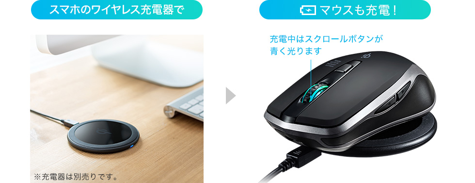 MA-WBL157BK【ワイヤレス充電マウス（ブラック）】置くだけで充電できるQi規格準拠の充電式ワイヤレスブルーLEDマウス。ブラック。｜ サンワサプライ株式会社